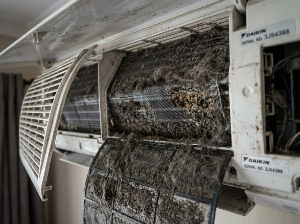 Kondisi AC sebelum dicuci - kisi-kisi evaporator kotor berdebu tebal dan berjamur